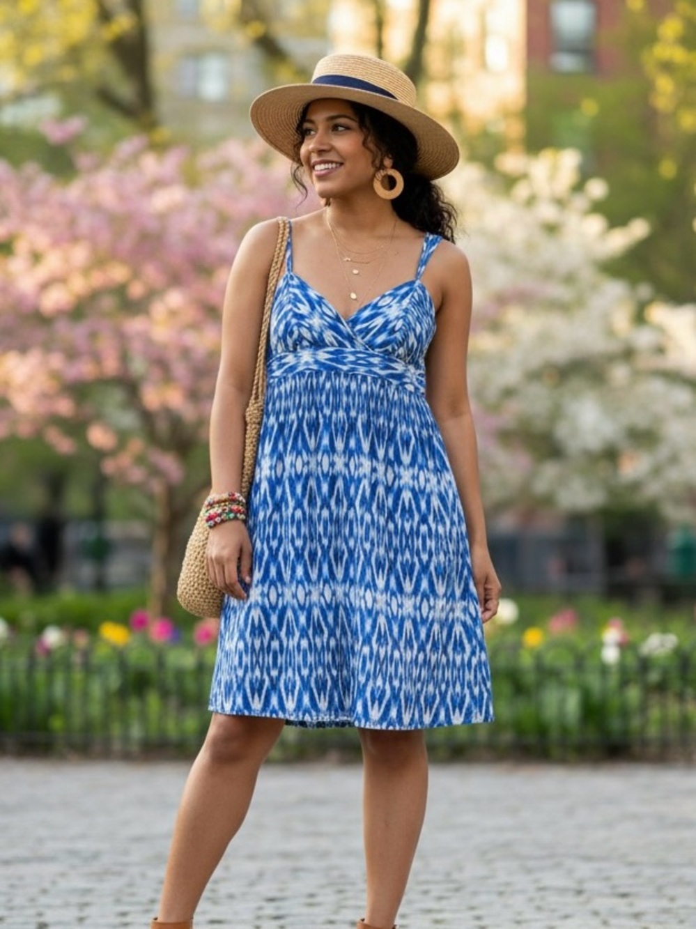 Ann Taylor LOFT Blue Ikat Print Linen Cotton Sundress Sz 0 /XS with Side Pockets